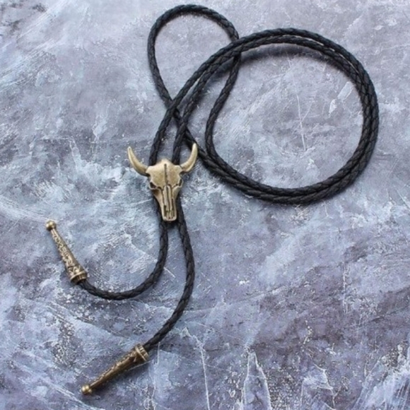 Black and Gold Bolo Tie with Bull Skull - Picture 1 of 5